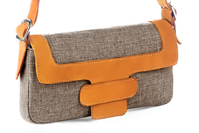 Tan beige and apricot orange women's dress handbag, matching pumps and belts. Front view - Florence KOOIJMAN